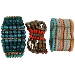 Lot of 3 Muti Color Beaded Stretch Bracelets Gold Tone Blue Red Wide Statement